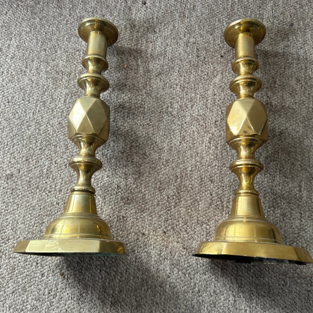 Pair of Mid 19th Century Brass Diamond-Pattern “good Luck” Candlesticks For Sale - Image 4 of 4