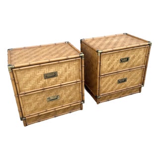 Boho Chic Herringbone Wicker Faux Bamboo Nightstands/Commodes by Dixie - A Pair For Sale