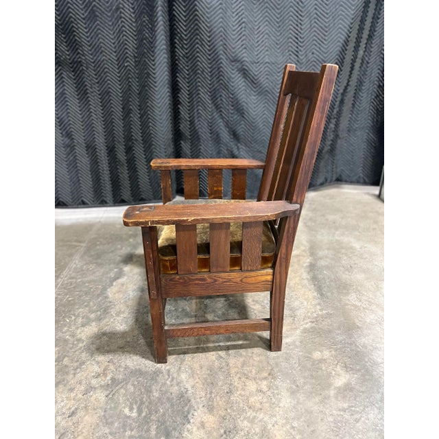 Early 20th Century Antique Stickley Brothers Arts & Crafts Oak Chair. Seat has been reupholstered in green velvet. Sturdy,...