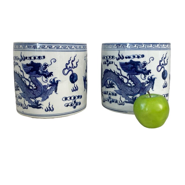 Chinoiserie Blue & White Porcelain Brush Holder/Cachepots/Vases Set of Two For Sale - Image 4 of 6