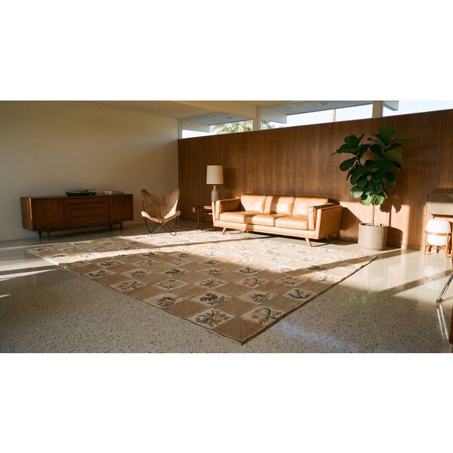 1930s Beige Rose Animal Folk Art Antique American Hooked Rug 10'0" X 13'9" Woven Wool Carpet For Sale - Image 10 of 12
