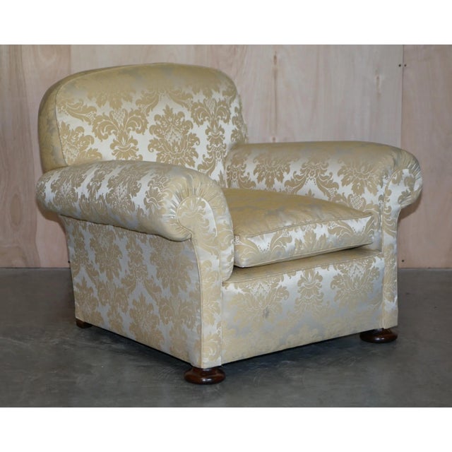 Victorian Damask Upholstery Sofa & Armchair Club Suite with Turned Bun Feet, Set of 3 For Sale - Image 11 of 18