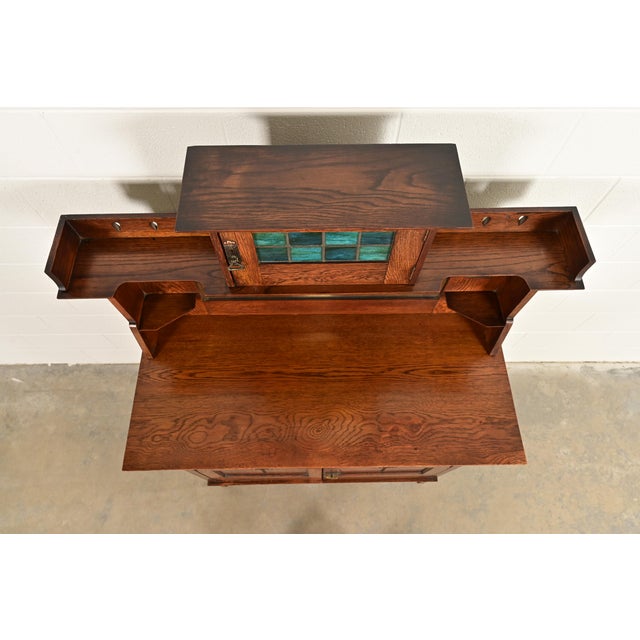 Liberty & Co. Antique English Arts & Crafts Oak Sideboard With Stained Glass Door, Circa 1900 For Sale - Image 13 of 16