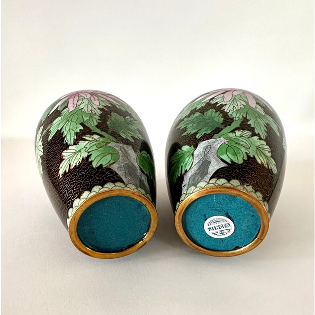 Black Small Bookend Matched Pair of Chinese Cloisonné Vases With Chrysanthemum Flowers For Sale - Image 8 of 8