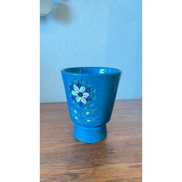 Mid-Century Modern Turquoise Floral Footed 7.5" Vessel Vase Italy For Sale - Image 3 of 8