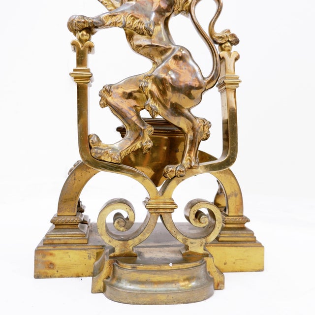 Antique Gilt-Bronze Andirons Depicting Rampant Lions, Set of 2 For Sale - Image 6 of 17
