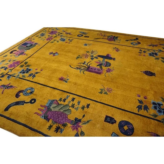 Canary Yellow 1920s Bold Yellow Floral Modernist Antique Chinese Art Deco Knotted Rug Carpet For Sale - Image 8 of 9