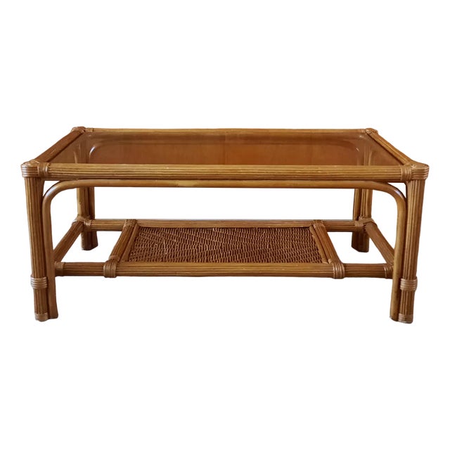 Pencil Reed Rattan Coffee Table, 1970s For Sale