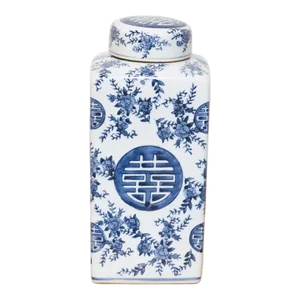 Tall Blue & White Floral Jar