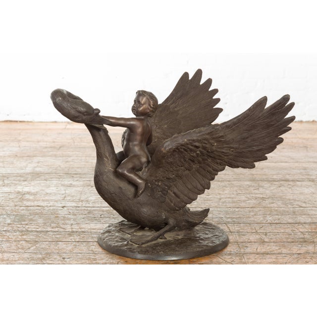 Mid 20th Century Vintage Greco Roman Style Bronze Sculpture of a Chubby Putto Riding a Swan For Sale - Image 5 of 8