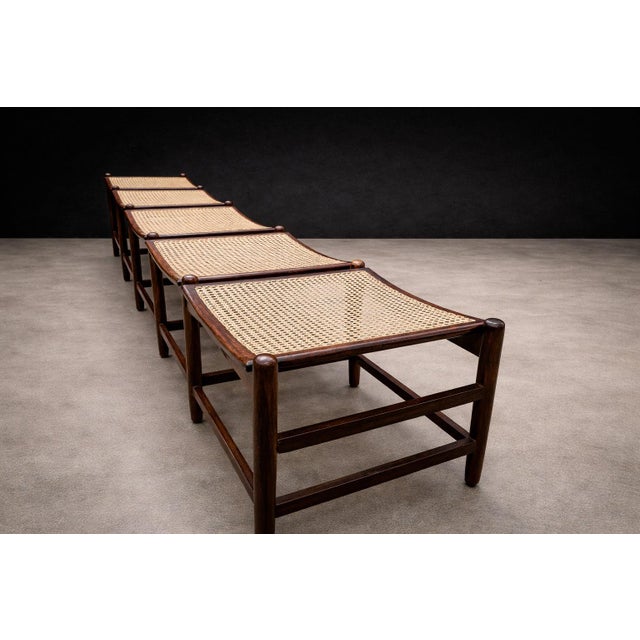 Brazilian Rosewood and Cane Four Seat Bench With Ivory Boucle Cushions, Brazil, 1960s For Sale - Image 12 of 13