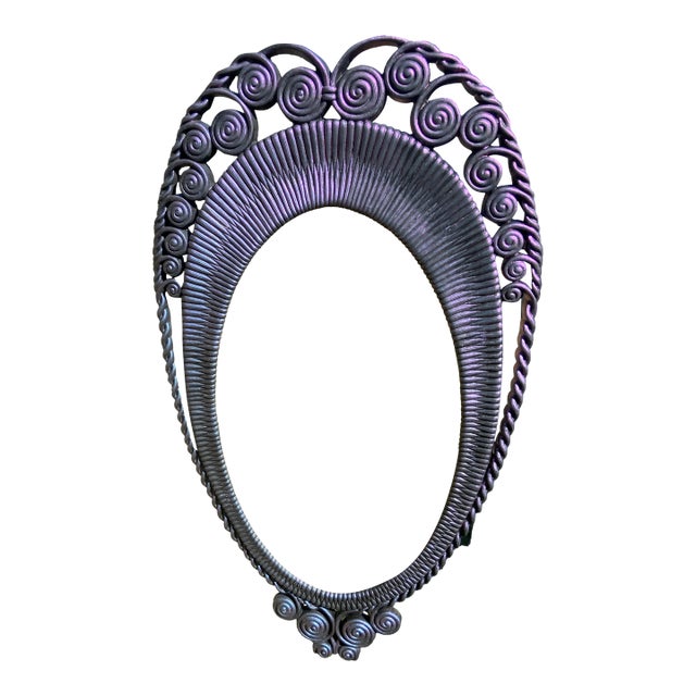 Vintage Faux Wicker Rattan Homco Bathroom Vanity Wall Hanging Mirror, Colorshifting Purple Oval Mirror For Sale