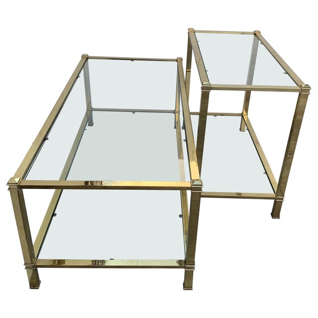 Mid-Century Modern Set of Brass Side Table and End Console Table with Glass For Sale - Image 15 of 18