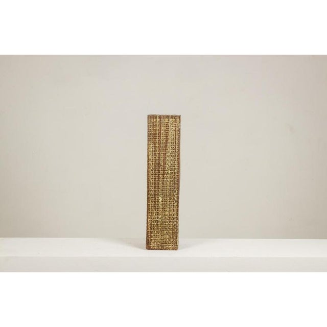 Brutalist-style vase with a square cross-section, made of scarified and glazed stoneware, with plant decoration. Work...