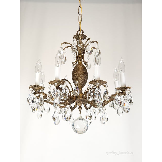 Shabby Chic Antique 8 Light Petite Shimmering Pineapple Brass Cut Lead Glass Chandelier~ Rewired ~ Restored ~ Rejuvenated ~ Ready to Hang ~ For Sale - Image 3 of 12