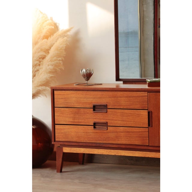 Vintage Teak Dressing Table from the 1960s – Restored & New Felt Upholstery Bring a touch of timeless elegance to your...