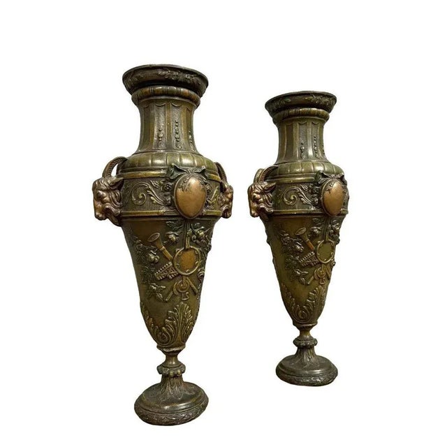 Large Louis XVI Style Ibex Vases in Babbitt Metal, 1850, Set of 2 For Sale - Image 3 of 7