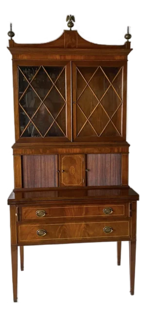 Federal Style Flame Mahogany Secretary Desk / Display Cabinet & Brass Eagle
