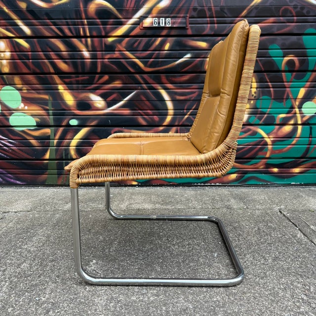 Leather and Rattan Chrome Cantaliver Side Chair Office For Sale - Image 4 of 12