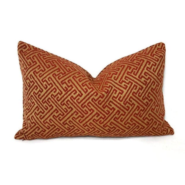 Kravet Smart Gold & Red Fretwork Lumbar Pillow Cover - 12” X 20” For Sale - Image 4 of 4
