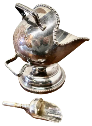 Silver Plated Novelty Sugar Scuttle with Original Scoop, 1920s, Set of 2