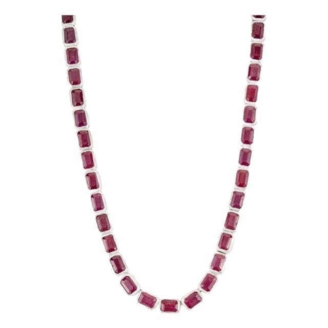 Antique Style 40.41ct Natural Ruby Line Necklace for Women in 925 Silver For Sale