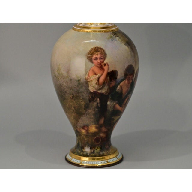 Royal Vienna Antique Original Artist Signed Franz Dorfl Dice Throwers Figurative Hand Painted Enamel Jeweled Porcelain Vase For Sale - Image 4 of 12