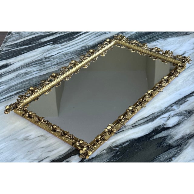 Hibiscus Motif Vintage Gold Tone Plateau or Vanity Tray For Sale - Image 11 of 11