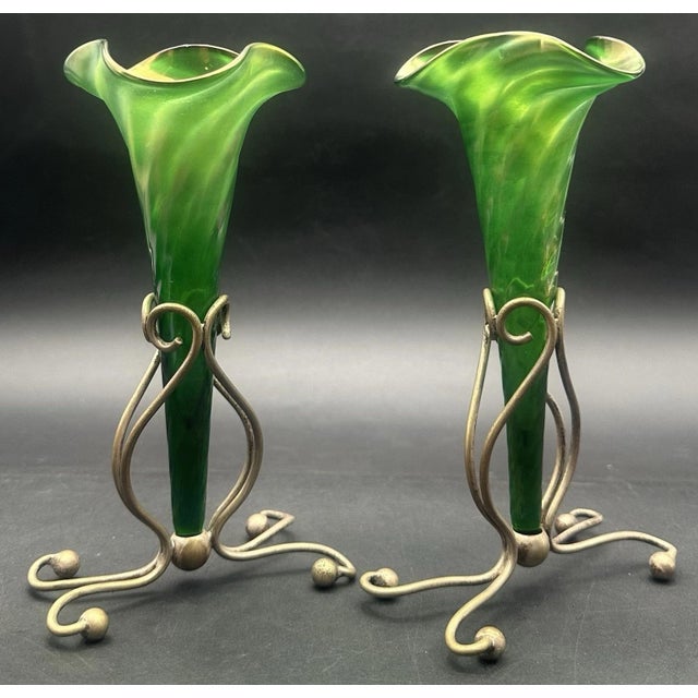 Antique Victorian Glass Epergne Trumpet Horn Vase Green Opaline Metal Base Pair For Sale - Image 6 of 17