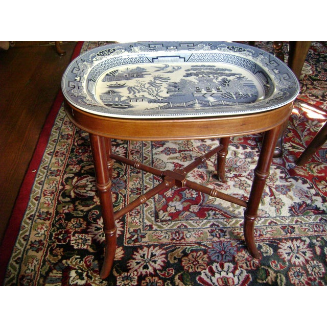 Blue Vintage Blue Willow Platter & Faux Bamboo Mahogany Base Side Table For Sale - Image 8 of 8