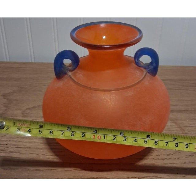 Pumpkin 1980s VNTG Franco Moretti Murano Scavo Glass Vase Signed Orange Blue Amphora Mint Condition For Sale - Image 8 of 8