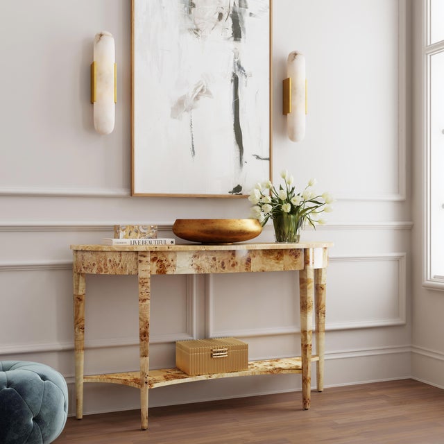 This wide Demilune Console Table features a stunning finish over solid wood and beautifully grained cherry veneers. Its...