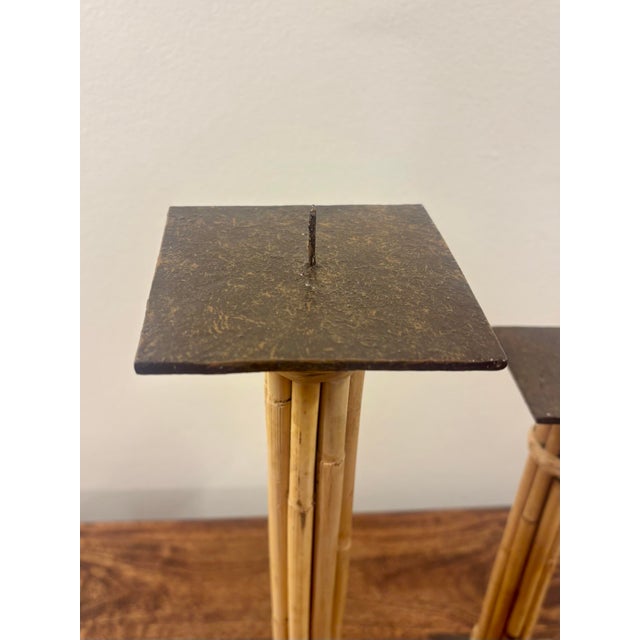 Vintage Coastal Bamboo, Cane & Steel Architectural Candlesticks - Pair For Sale - Image 4 of 5