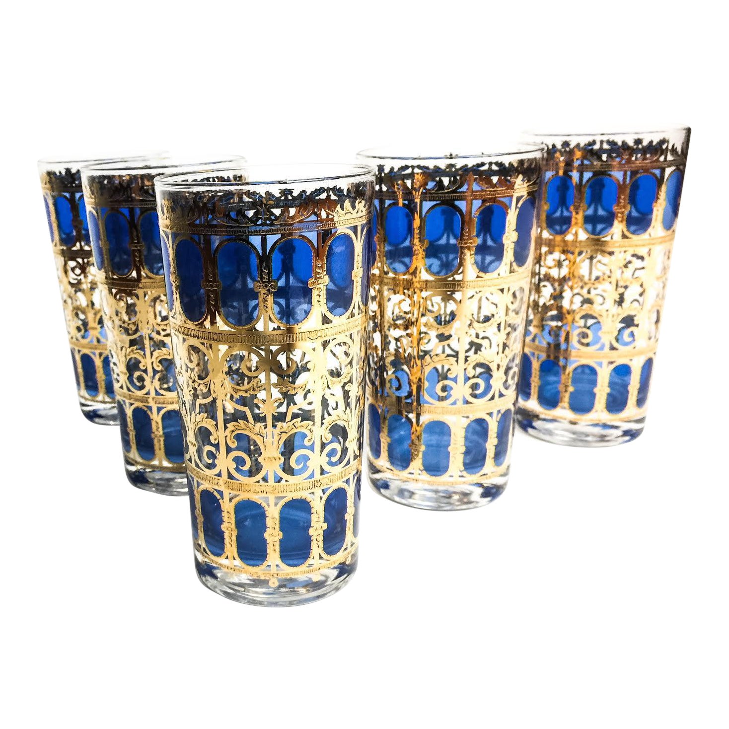 Vintage Culver Azure Blue & Gold Leaf Bar Glasses Set of 5 Chairish