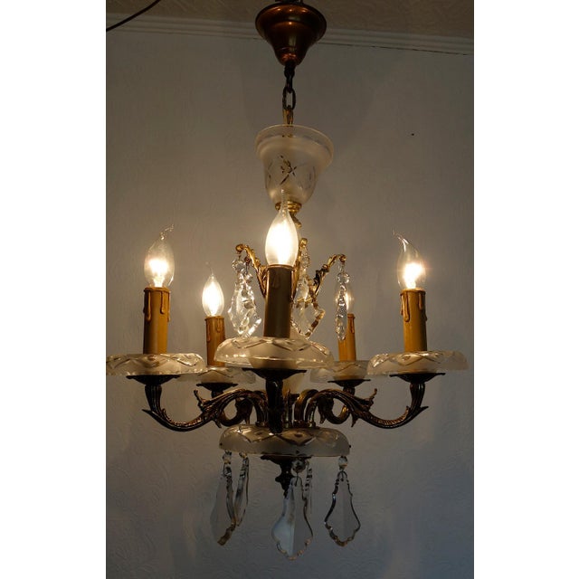 Antique French Brass and Glass Five-Light Chandelier, 1930s For Sale - Image 13 of 14