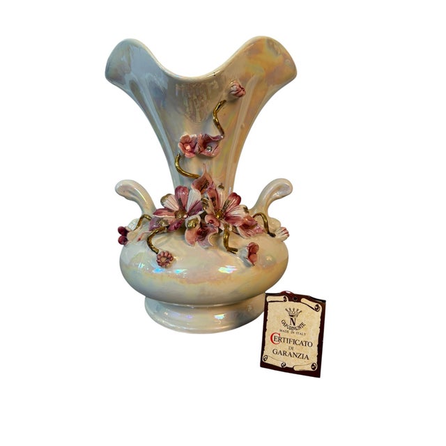 Rococo Vintage Capodimonte Iridescent Floral Fan Vase, Made in Italy, Applied Flowers & Gold For Sale - Image 3 of 7