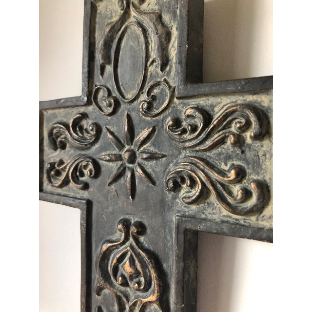 Rustic Heavy Brutalist Verdigris Iron Decorative Cross For Sale - Image 3 of 3