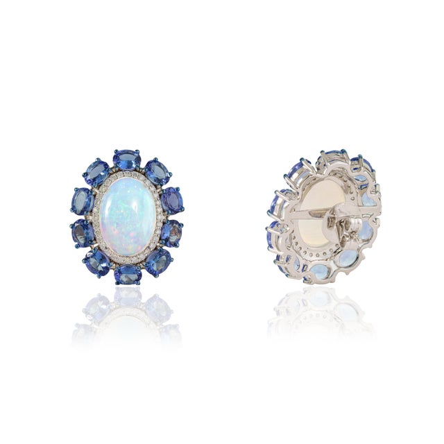 Gemstone 18k White Gold 14.24ct Fire Opal & Blue Sapphire Cluster Diamond Vintage Earrings- A Pair For Sale - Image 7 of 18