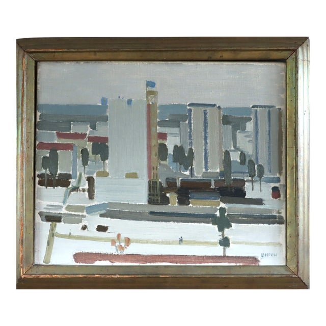 Mid-Century Modern 'City Blocks' Vintage Abstract Street Scene Landscape Oil Painting by by Swedish Artist Kurt Lindon (1910-1985), Framed For Sale