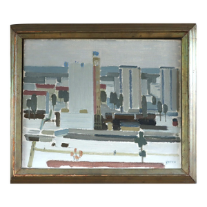 Mid-Century Modern 'City Blocks' Vintage Abstract Street Scene Landscape Oil Painting by by Swedish Artist Kurt Lindon (1910-1985), Framed
