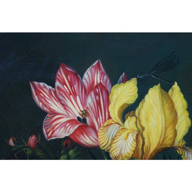 Late 20th Century Bouquet of Flowers in a Glass Vase Oil Painting After Ambrosius Bosschaert 23" For Sale - Image 10 of 12