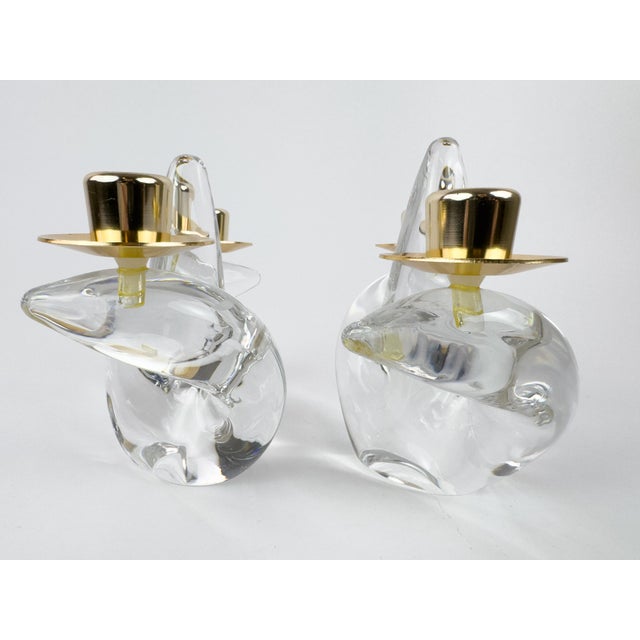 Glass Pair of Mid-Century Schneider Crystal & Brass Candlestick Holders, France For Sale - Image 7 of 15