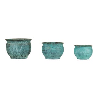 Vintage Indian Copper Cachepots with Aged Turquoise Patina -Set of 3 For Sale