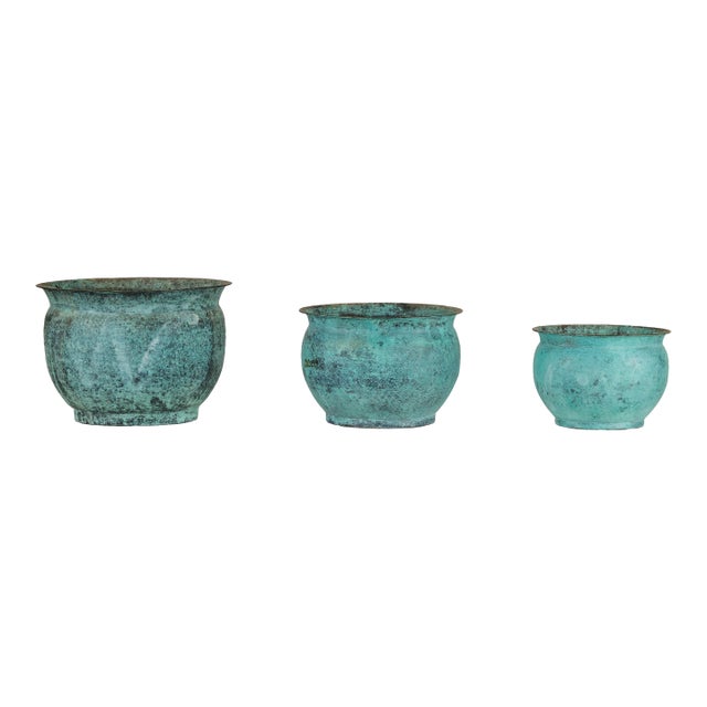 Vintage Indian Copper Cachepots with Aged Turquoise Patina -Set of 3 For Sale