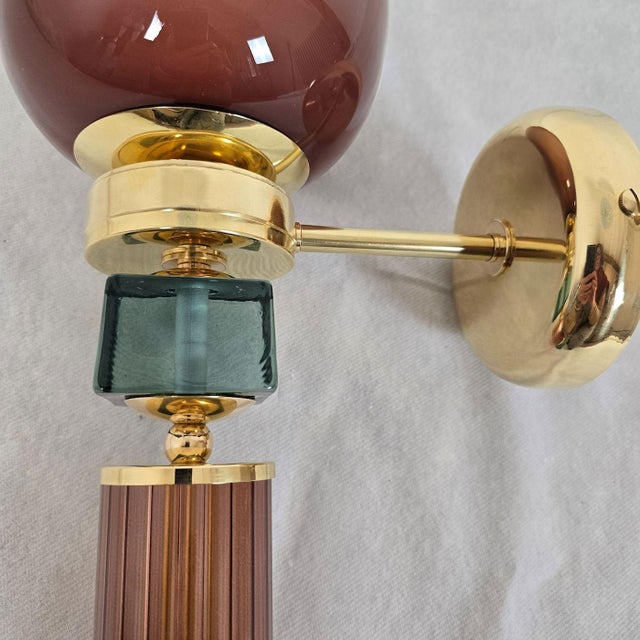 Metal 1990 Burgundy and Green Murano Glass Sconces - a Pair For Sale - Image 7 of 11
