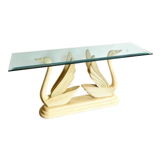 Postmodern Carved Wooden Swan Pedestal Glass Top Console Table For Sale