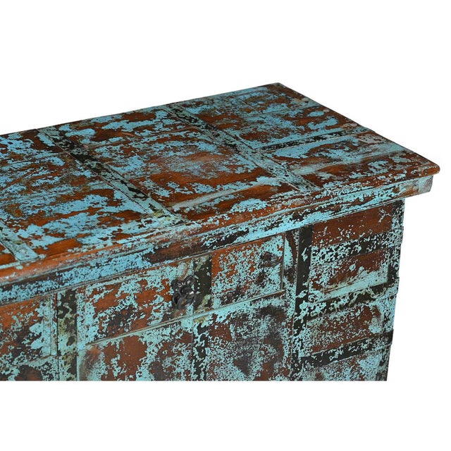 Far Pavilions 1930s Rustic Farmhouse Blue Reclaimed Wood Storage Bench For Sale - Image 4 of 4