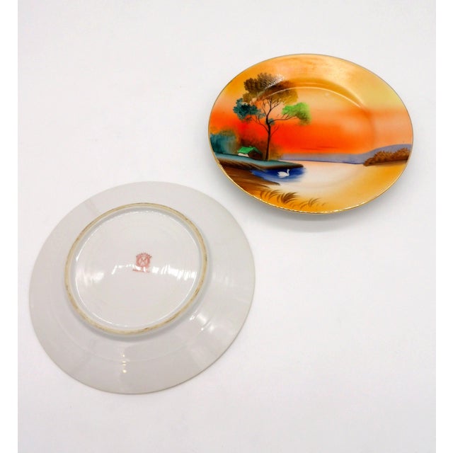 Ceramic Vintage Noritake Porcelain Plates — Hand-Painted Sunset Lake Scene With Swan, Gold Rim, M in Wreath Mark, c.1920s-1940s - a Pair For Sale - Image 7 of 9