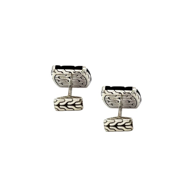 Contemporary John Hardy Carved Onyx Cufflinks Sterling Silver Estate For Sale - Image 3 of 12
