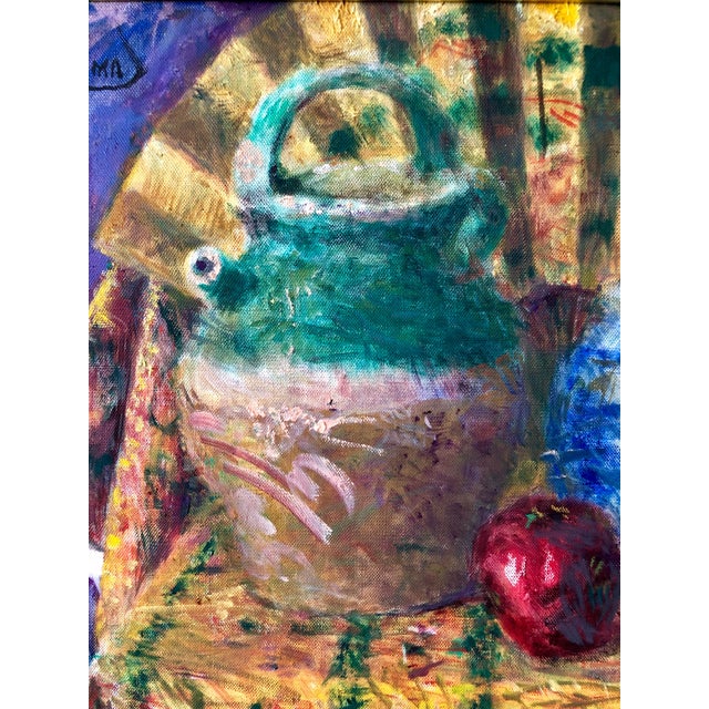 Textile Yoshio Aoyama, Japanese Fauvist Colorful Oil Painting Chinese Ceramic Jars with Fan and Apple, 1981 For Sale - Image 7 of 10